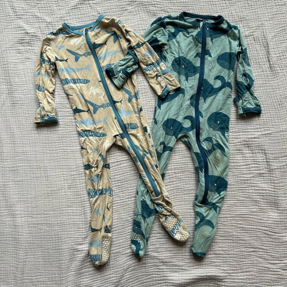 KicKee Pants Bamboo Whale & Shark Zip Footed One-Piece - Blue/Beige